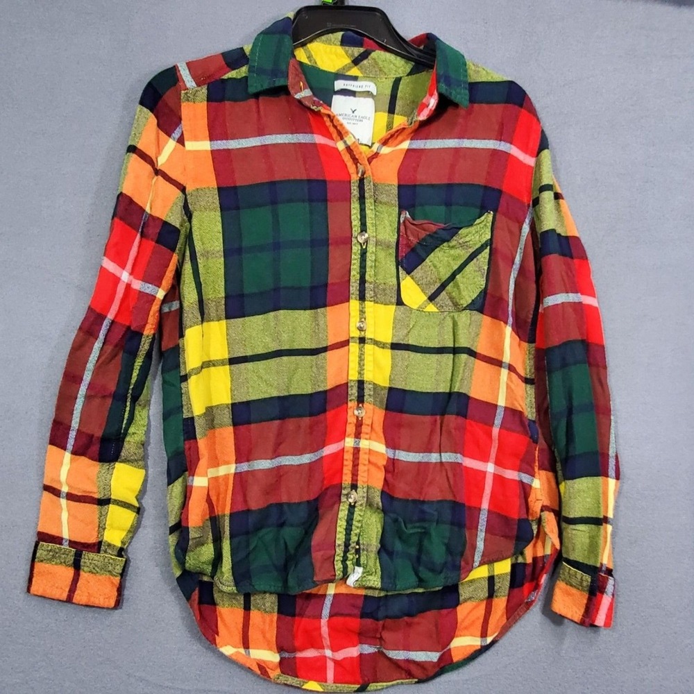 American Eagle Womens Small Boyfriend Fit Button Down Shirt Multicolor Plaid